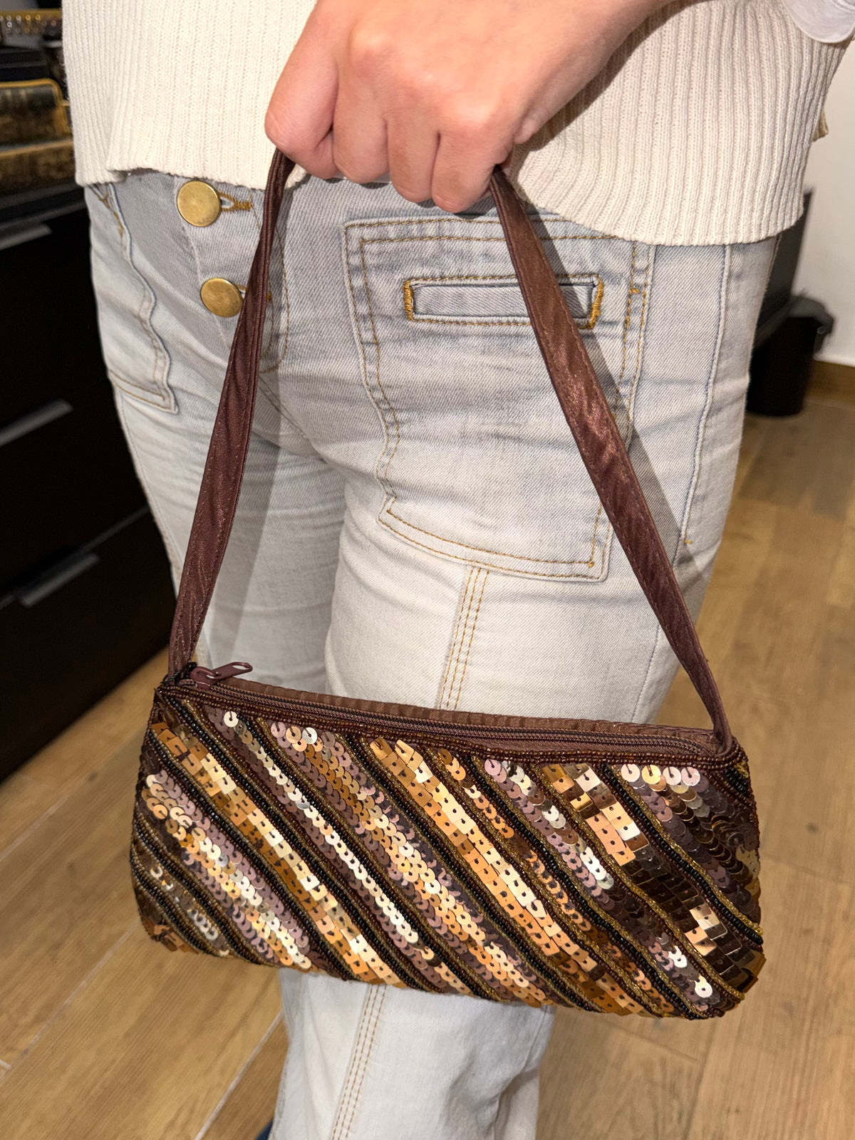 Bolso vintage lentejuelas en tonos dorado, bronce y marrón