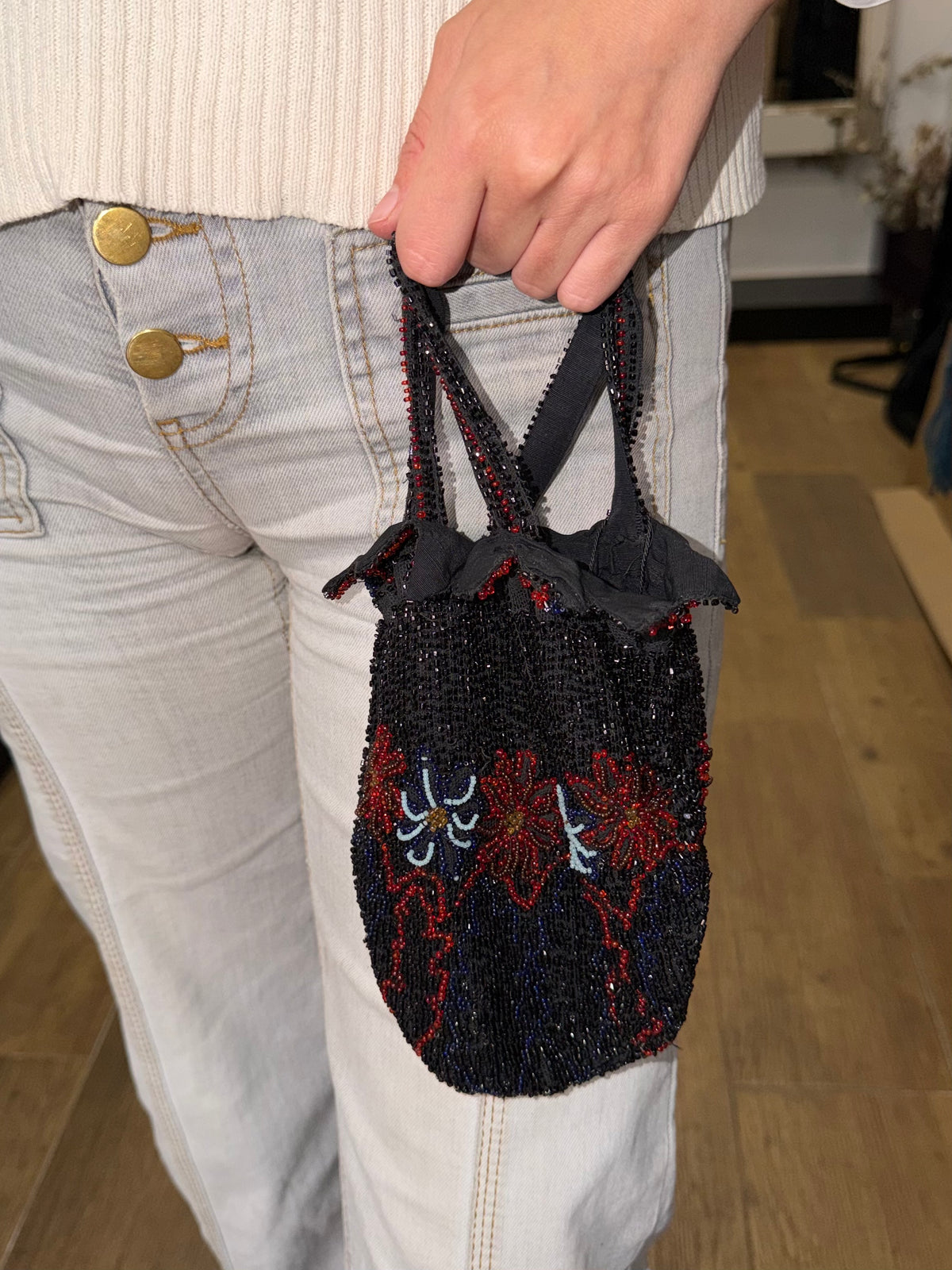 Bolso vintage tipo Saquito con Cuentas Negro