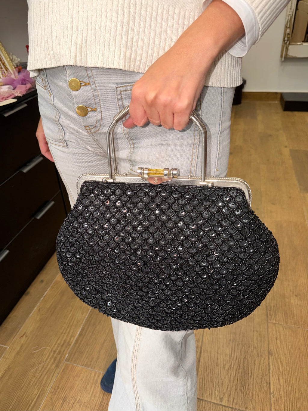 Bolso Vintage con tipo bombonera Negro con Lentejuelas