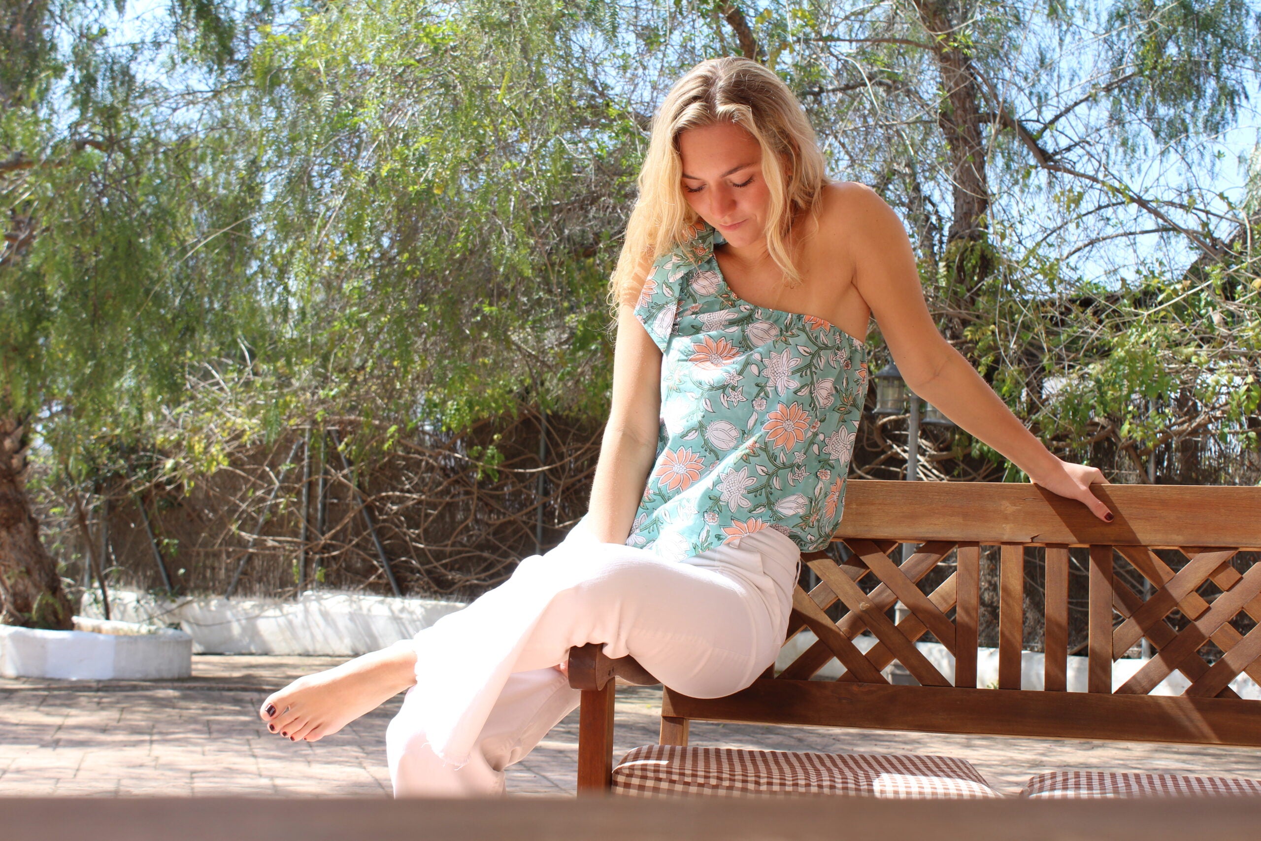 Blusa Maricel turquesa y melocotón