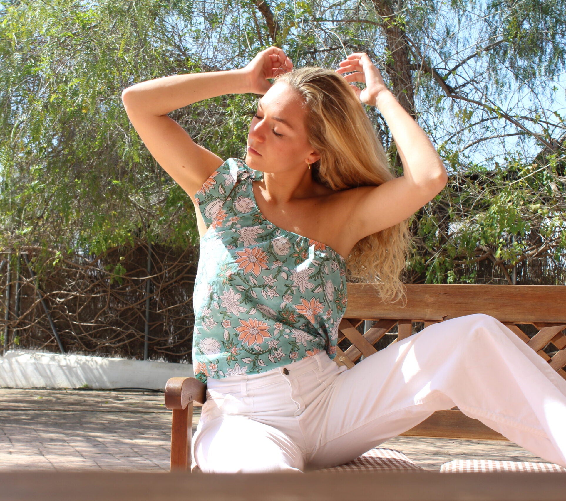 Blusa Maricel turquesa y melocotón