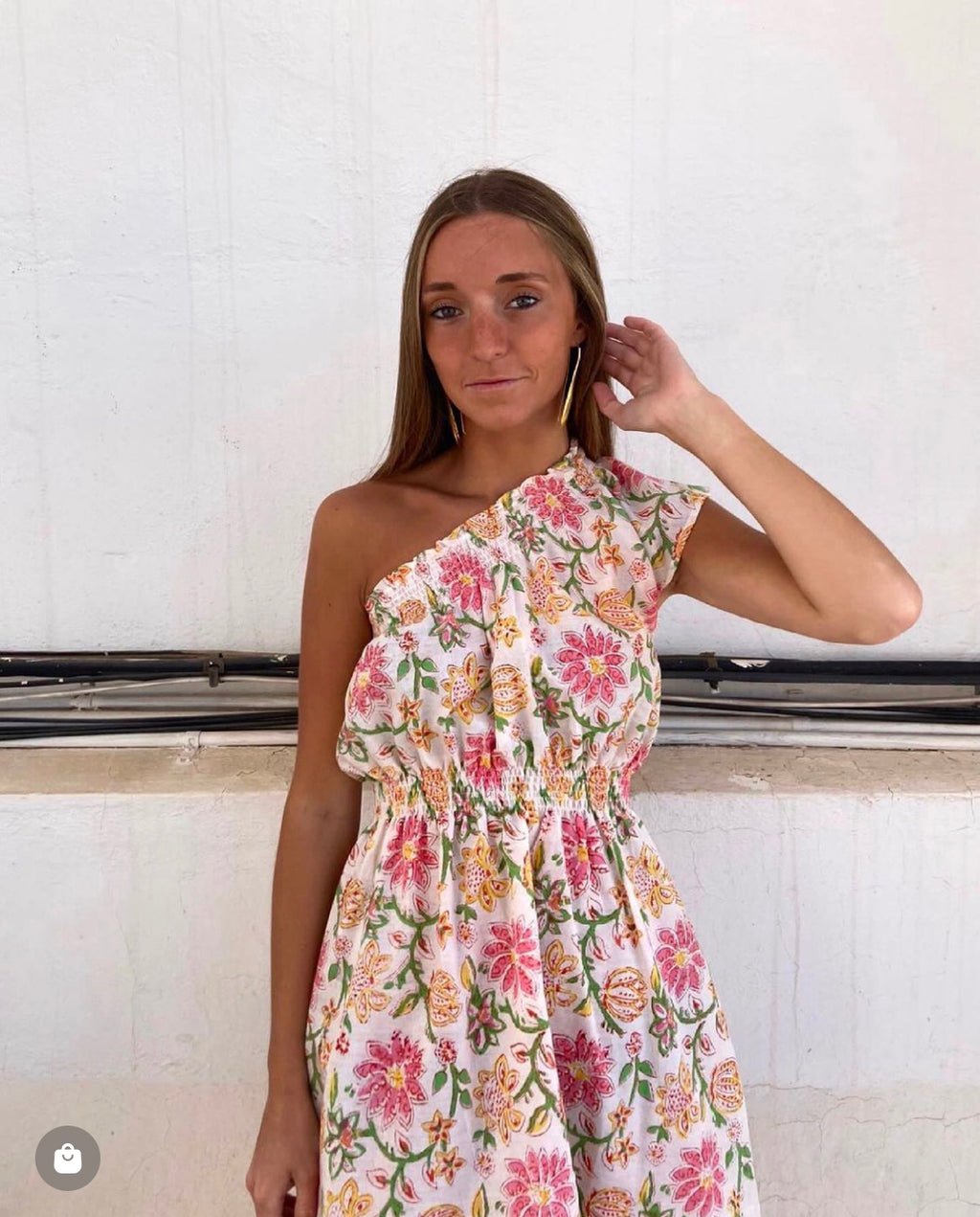 Vestido Bellini blanco, rosa y verde