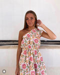 Vestido Bellini blanco, rosa y verde