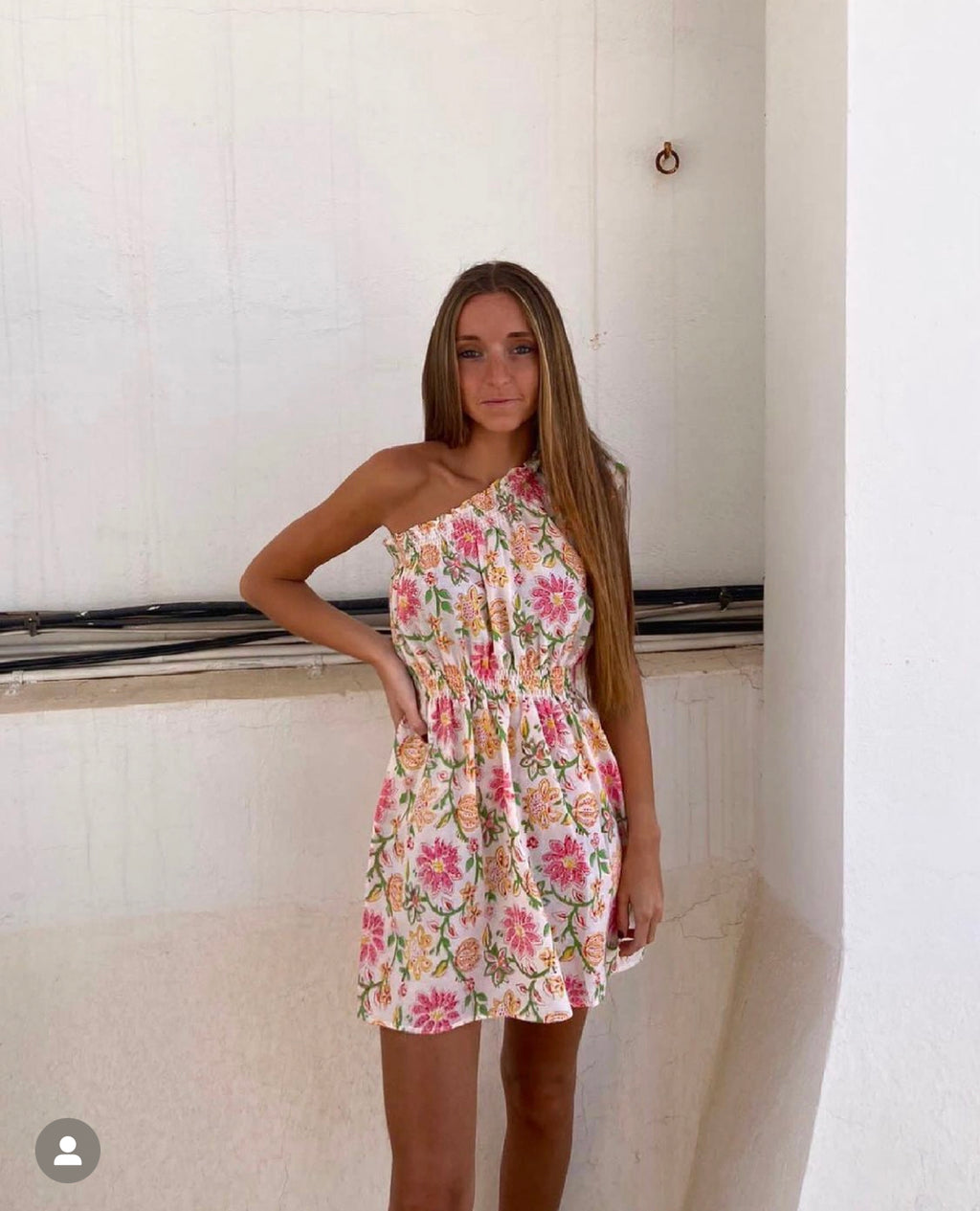 Vestido Bellini blanco, rosa y verde