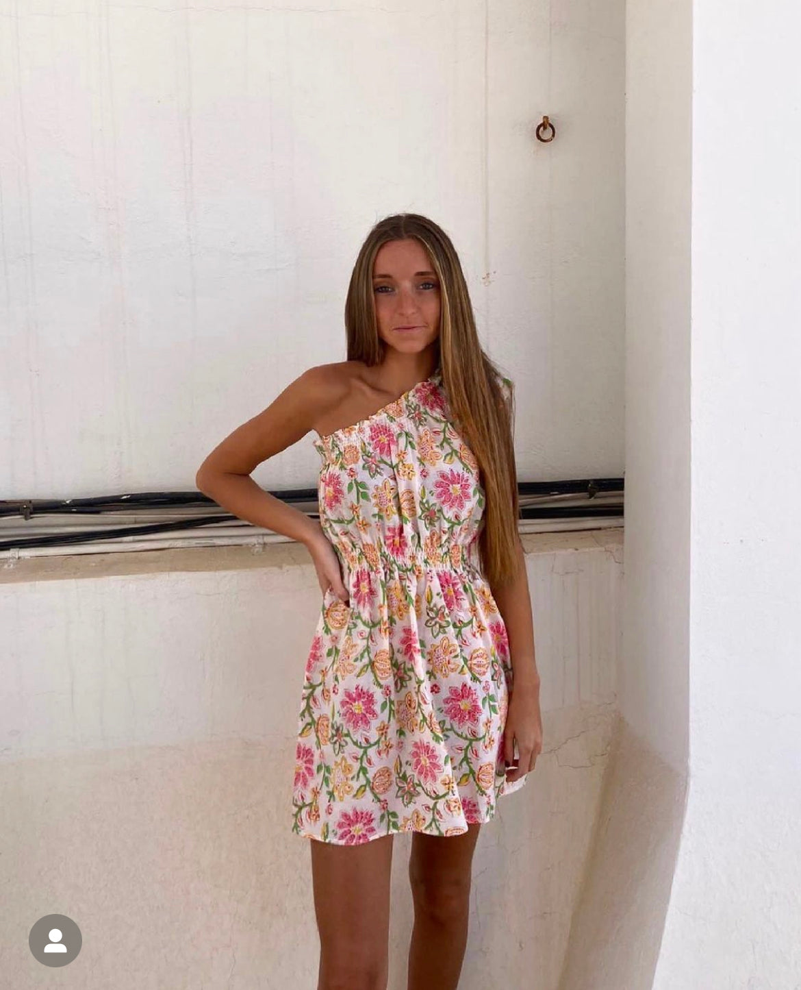 Vestido Bellini blanco, rosa y verde