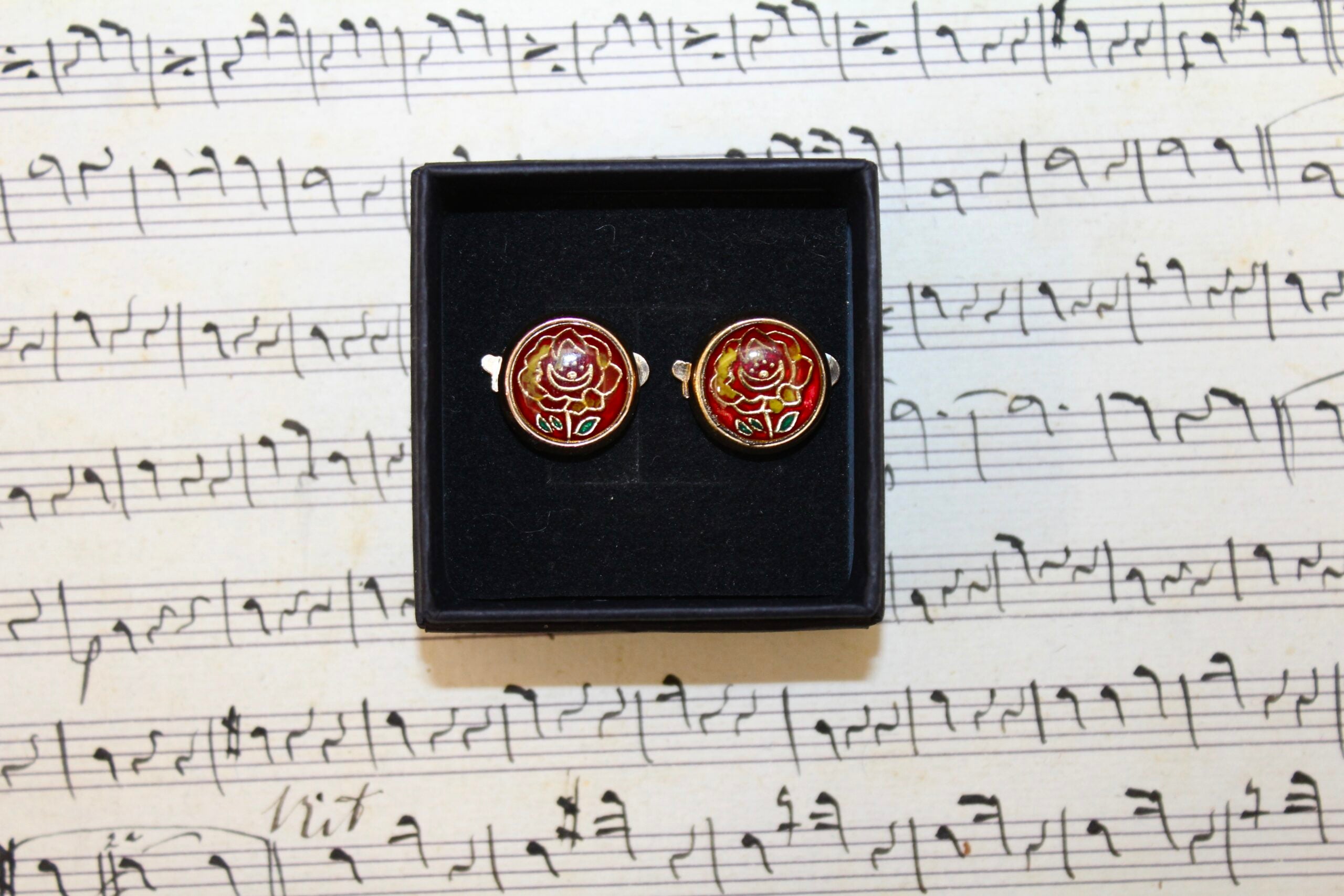 Gemelos Cubrebotones vintage franceses de flores de esmalte