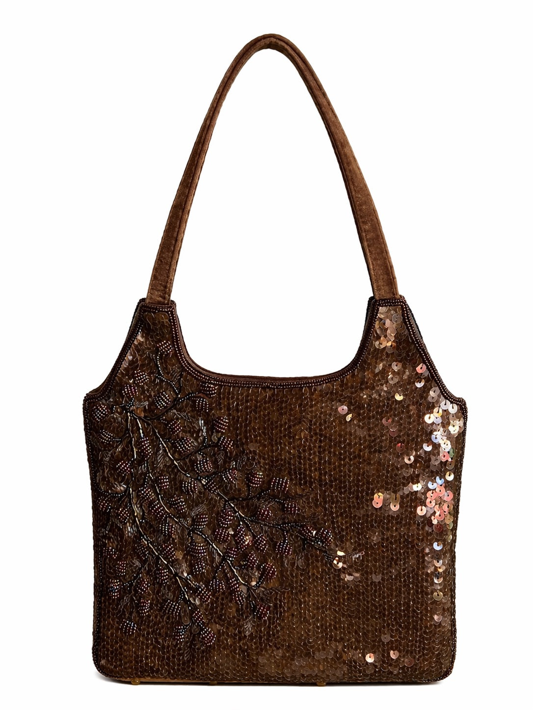 Bolsa vintage castanha estilo saco com flores vermelhas bordadas