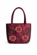 Bolsa vintage castanha estilo saco com flores vermelhas bordadas