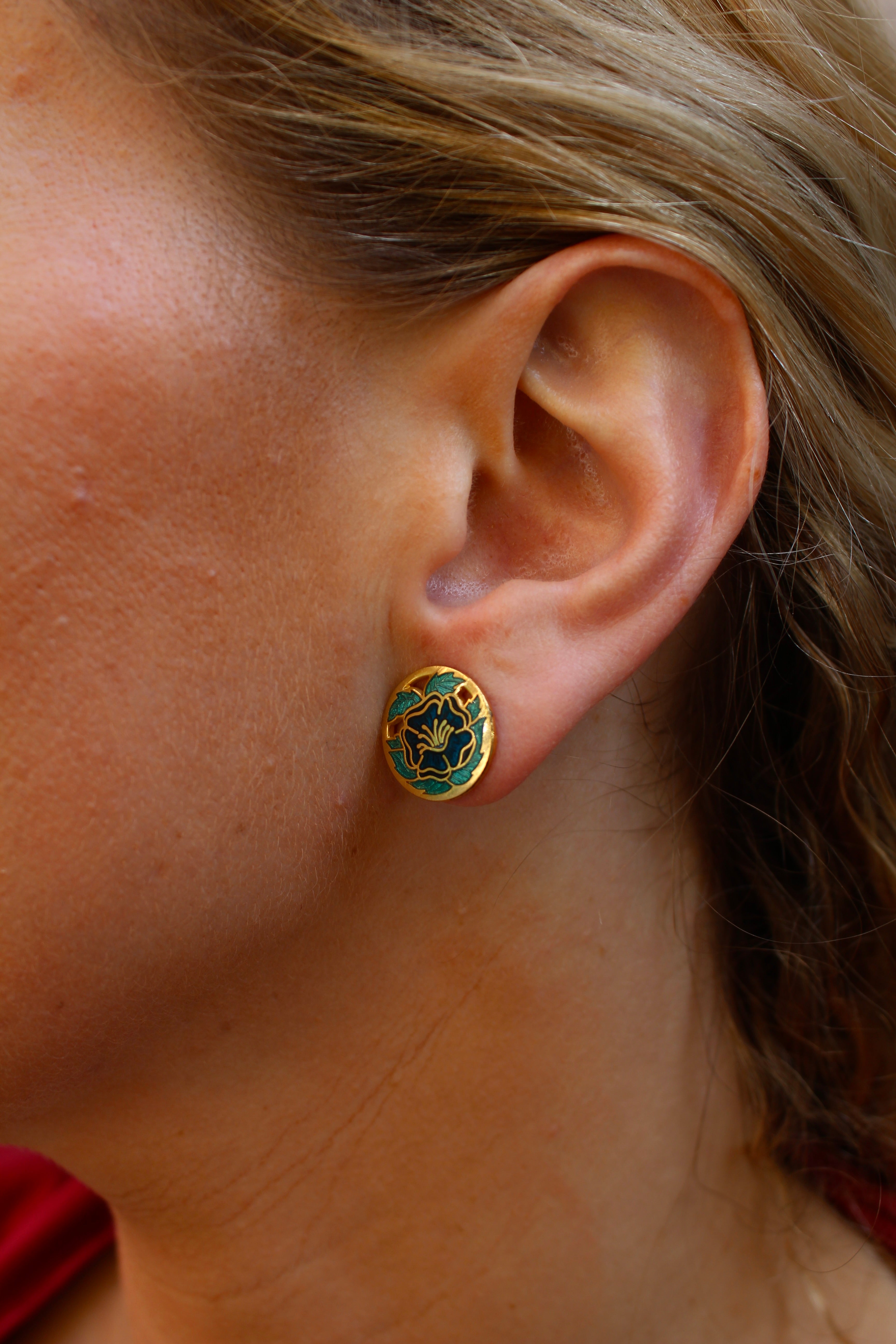Pendientes vintage de cloisonné de flores en esmalte verde y azul oscuro