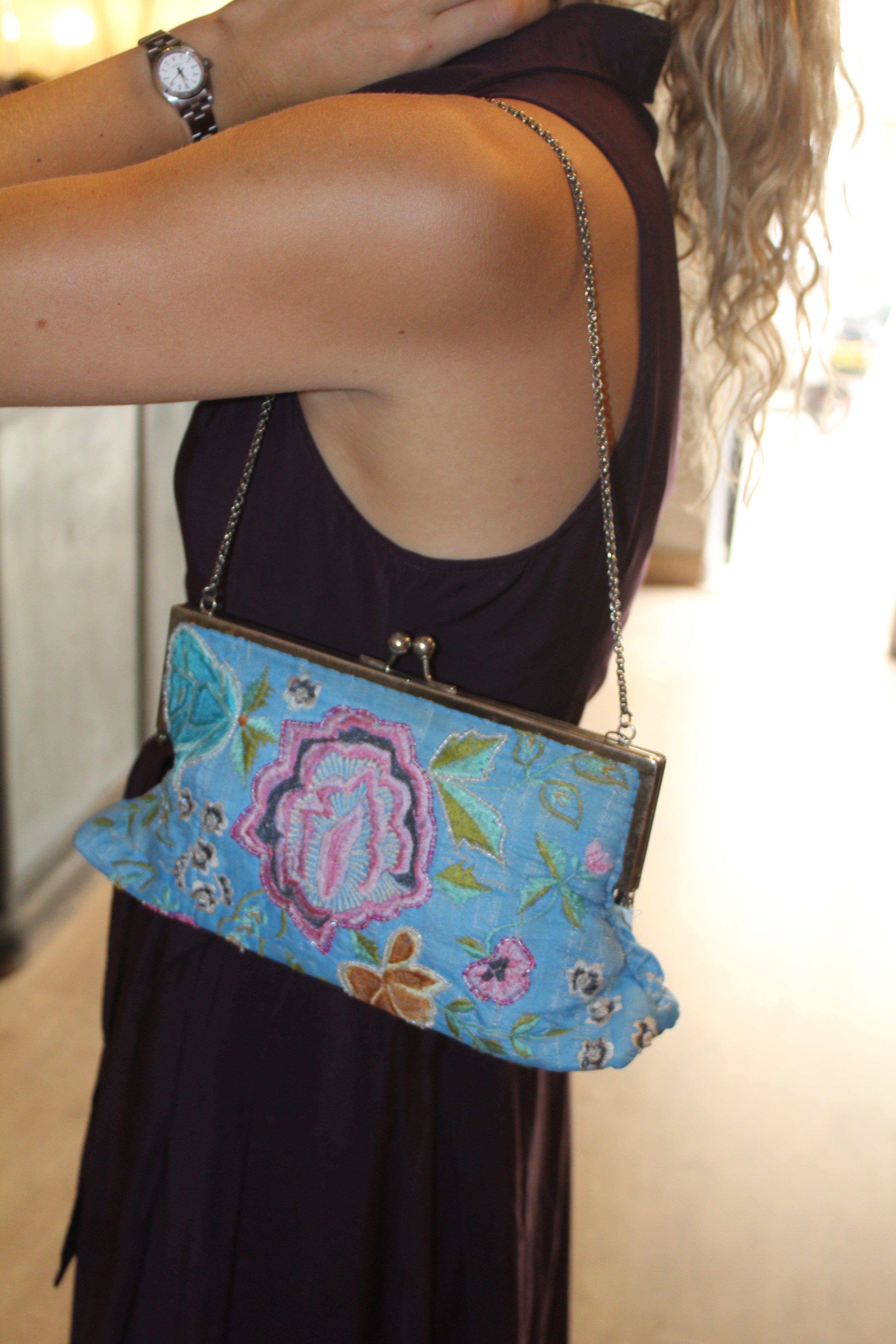 Bolso vintage azul clutch con cadena