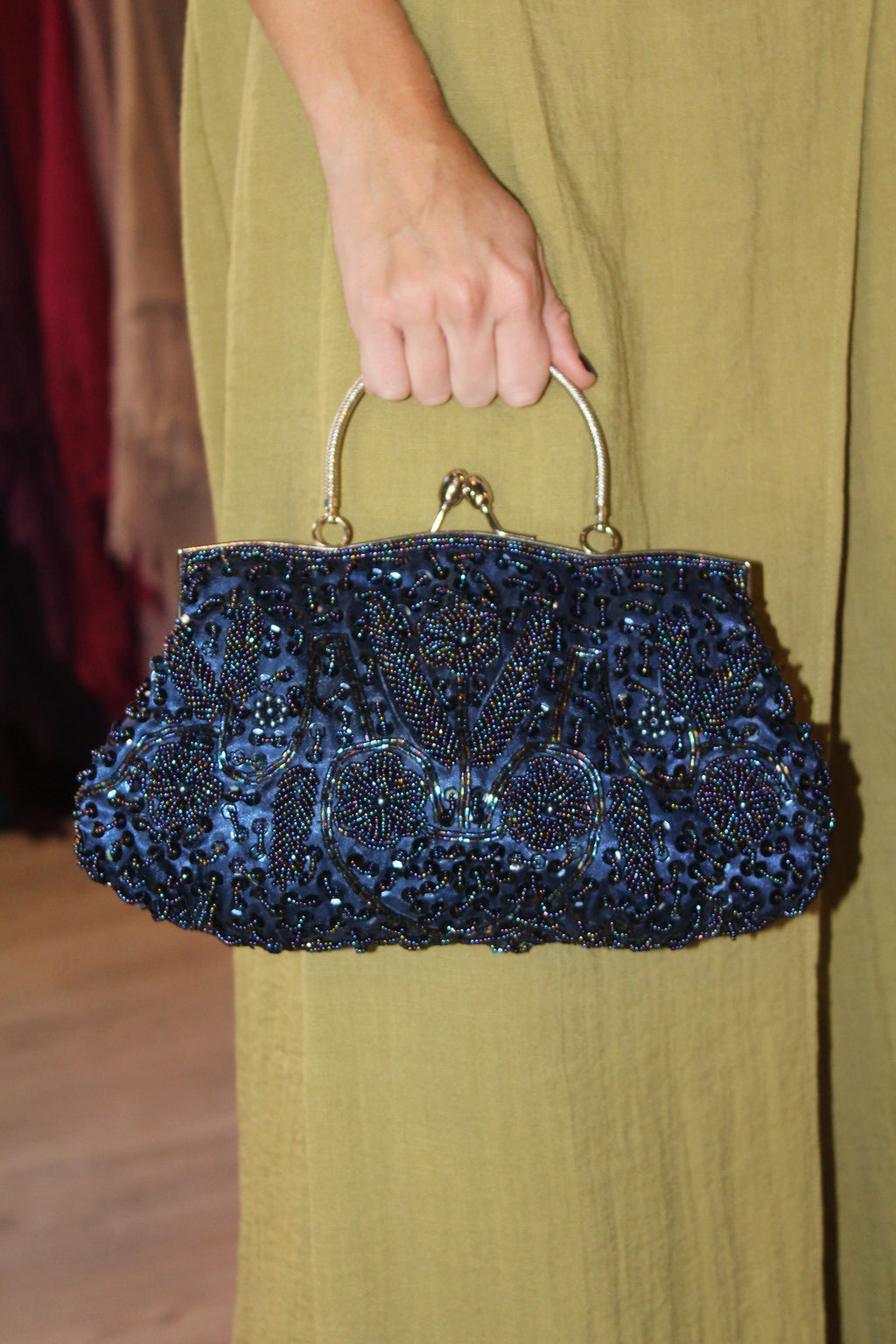 Bolso Vintage estilo Bombonera Azul con Apliques y Cuentas