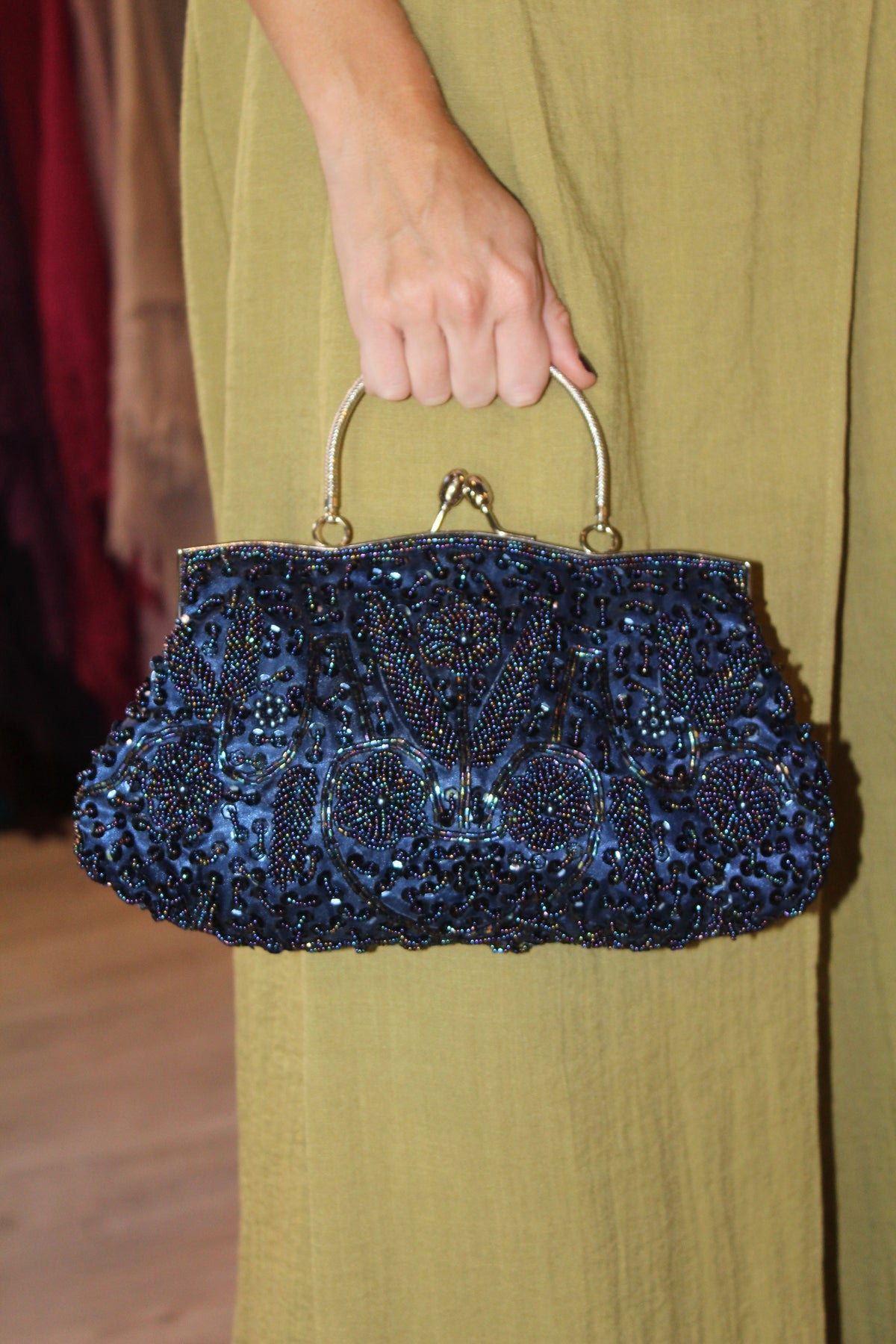 Bolso Vintage estilo Bombonera Azul con Apliques y Cuentas
