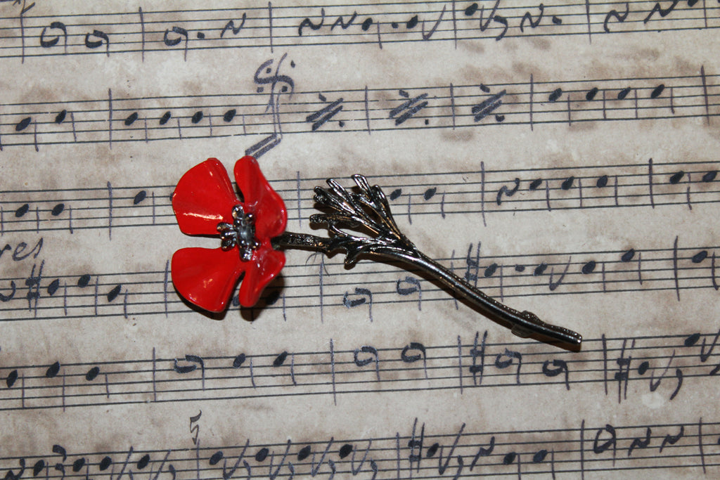 Broche Vintage Flor Roja Plateado