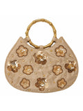 Bolsa vintage castanha estilo saco com flores vermelhas bordadas