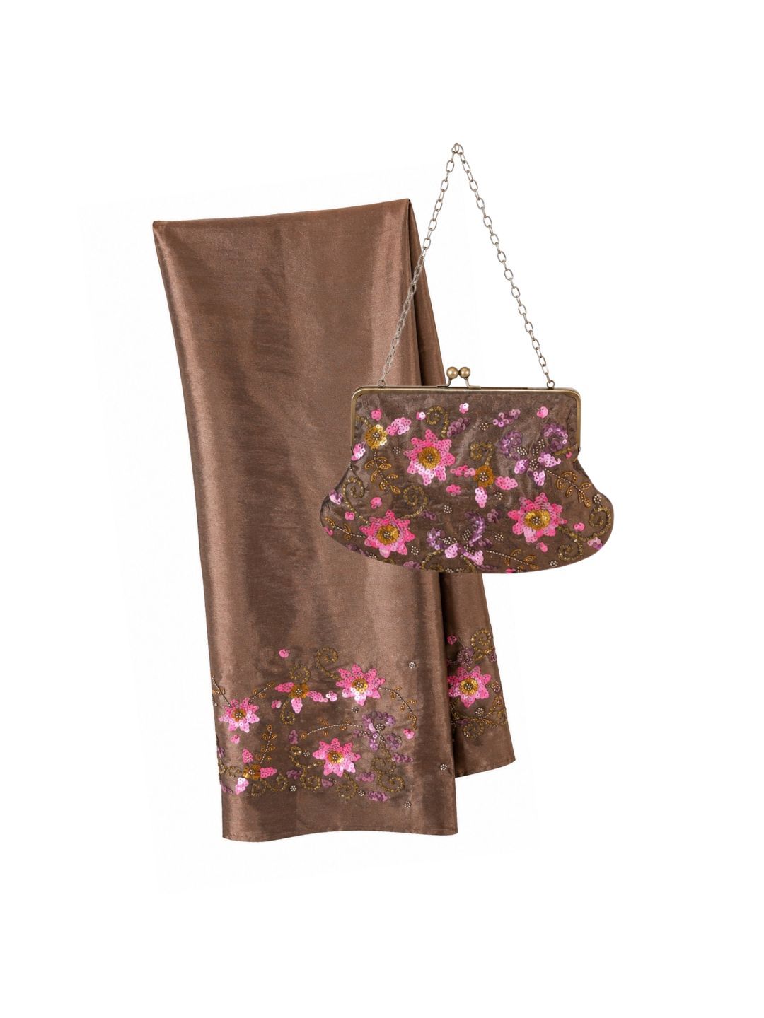 Conjunto Bolso Vintage y Chal Marrón y Fucsia