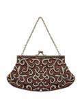 Bolsa vintage castanha estilo saco com flores vermelhas bordadas