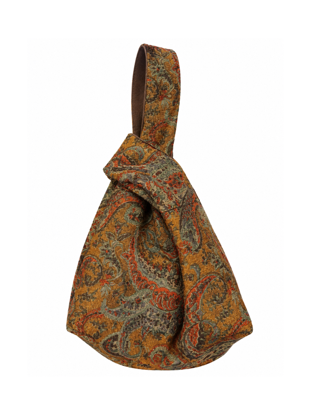 Bolsa vintage castanha estilo saco com flores vermelhas bordadas