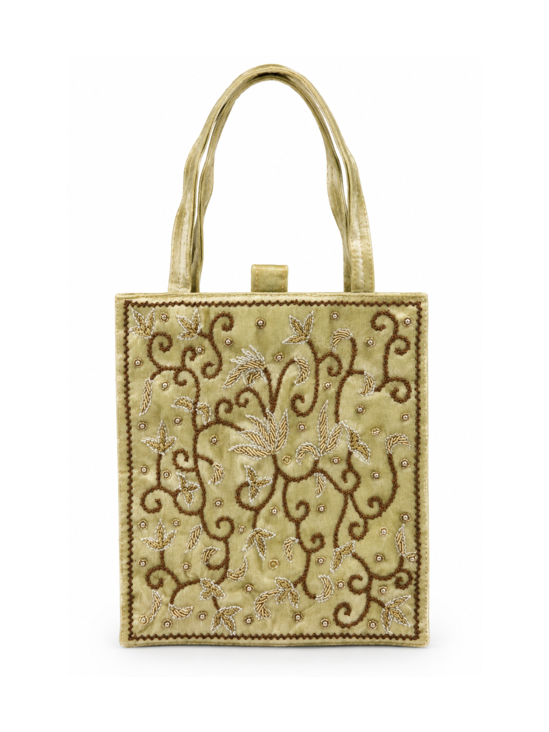 Bolsa vintage castanha estilo saco com flores vermelhas bordadas