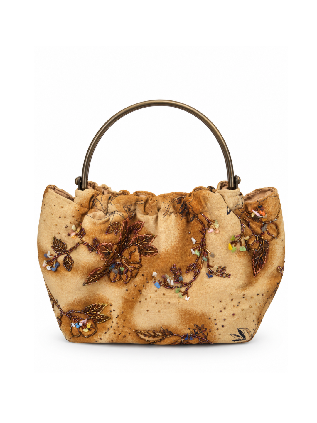 Bolsa vintage castanha estilo saco com flores vermelhas bordadas