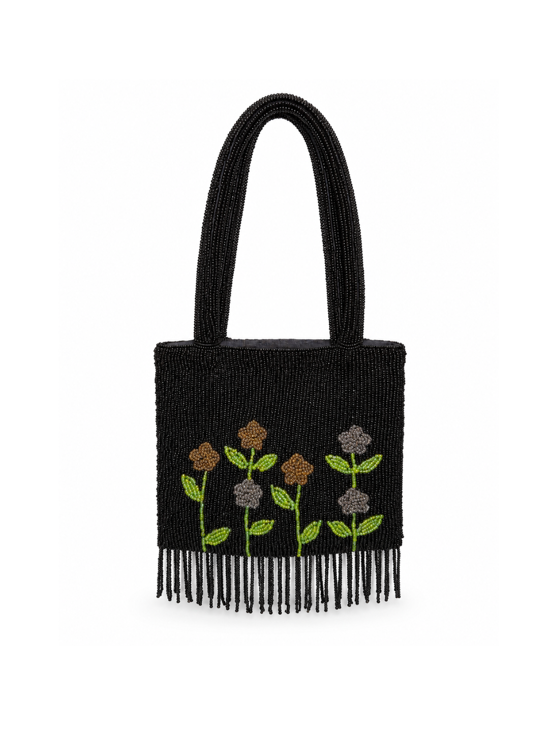 Bolso vintage tipo saquito negro con flores y flecos