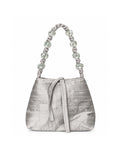 Bolsa vintage castanha estilo saco com flores vermelhas bordadas