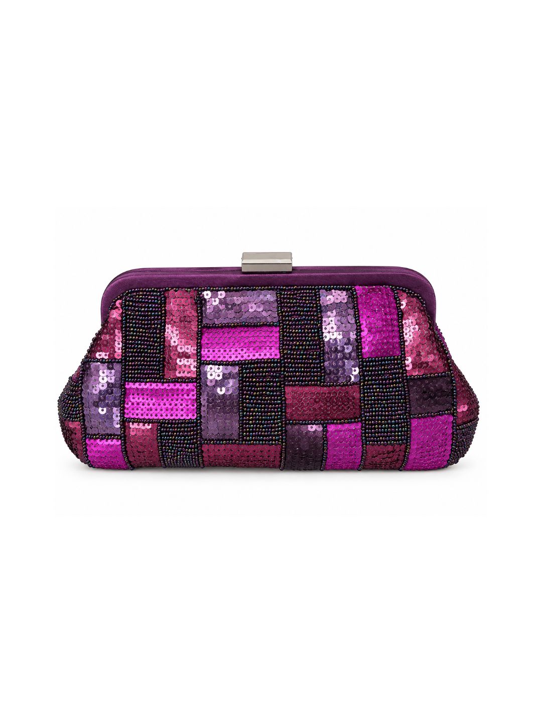 Bolso vintage tipo clutch rectángulos morados con cadena