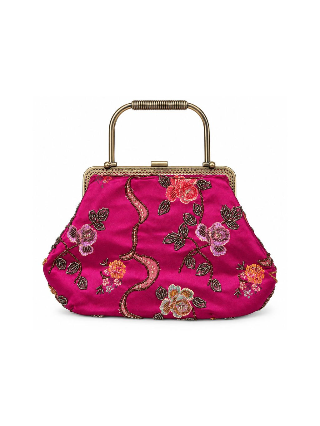 Bolsa vintage castanha estilo saco com flores vermelhas bordadas
