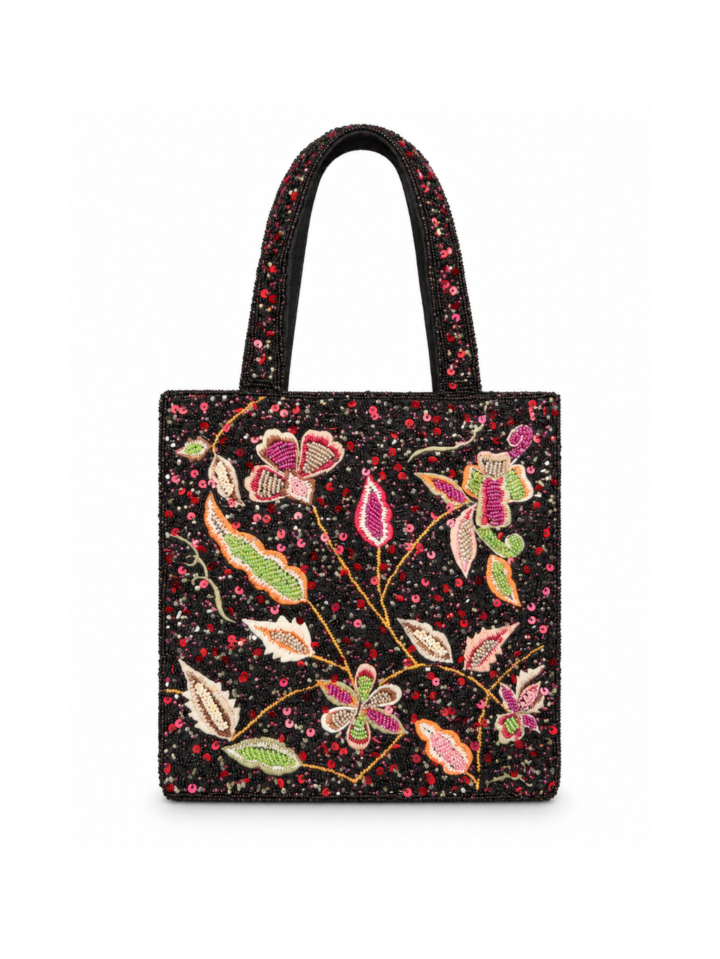Bolso Vintage Negro tipo saquito con Bordados de Flores y Lentejuelas