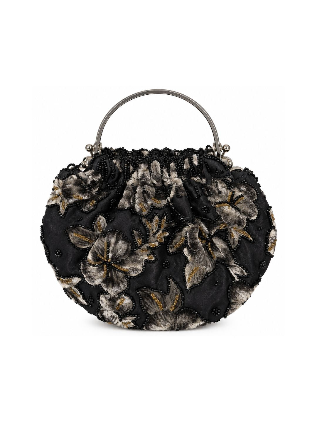 Bolso vintage negro tipo bombonera con flores