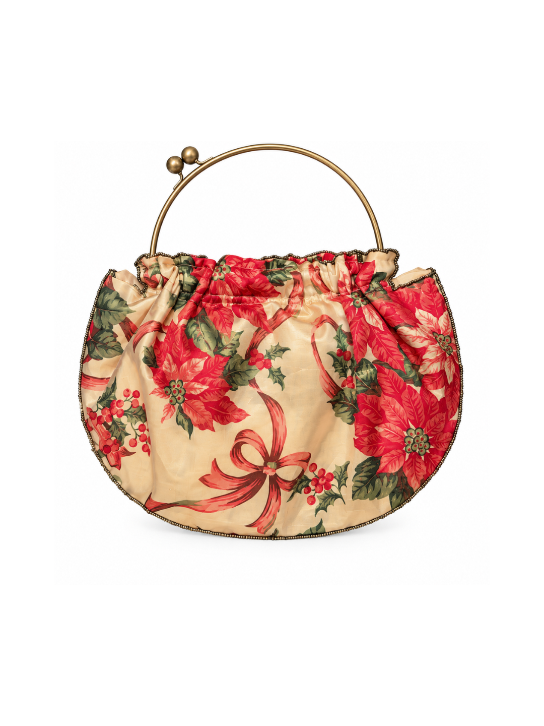 Bolso Vintage Tipo Bombonera Beige con Flores y Lazo Rojo