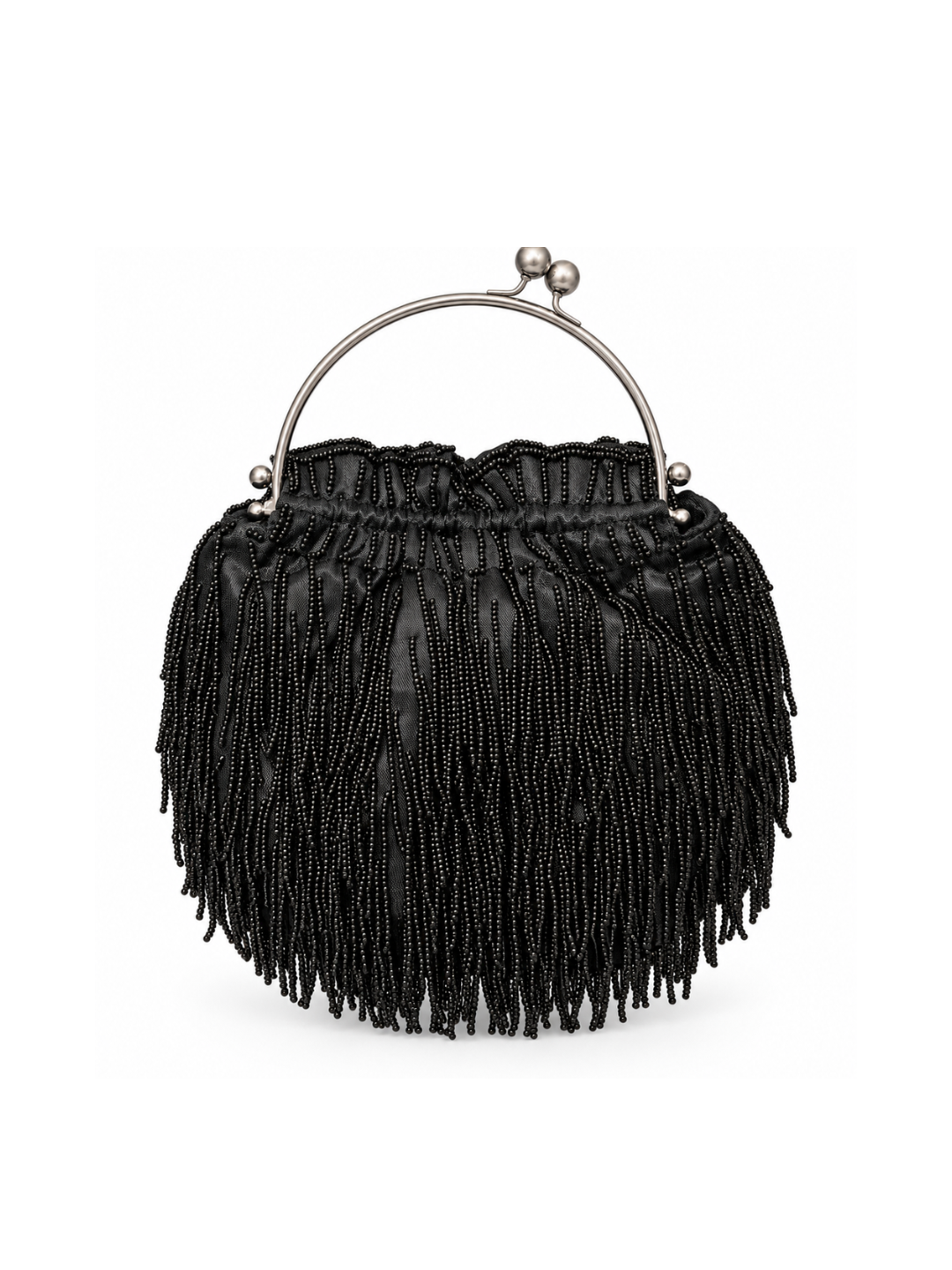 Bolso Vintage Tipo Bombonera Negro con Flecos de cuentas