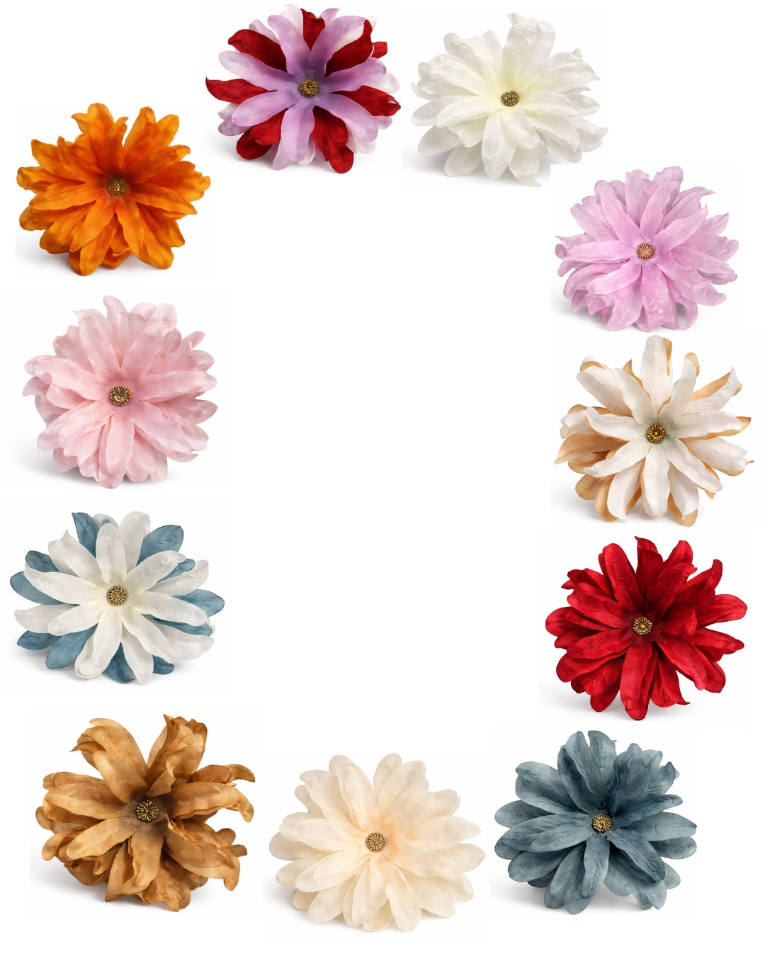 Flor de dália multiusos (para o cabelo ou pregadeira) em várias cores.