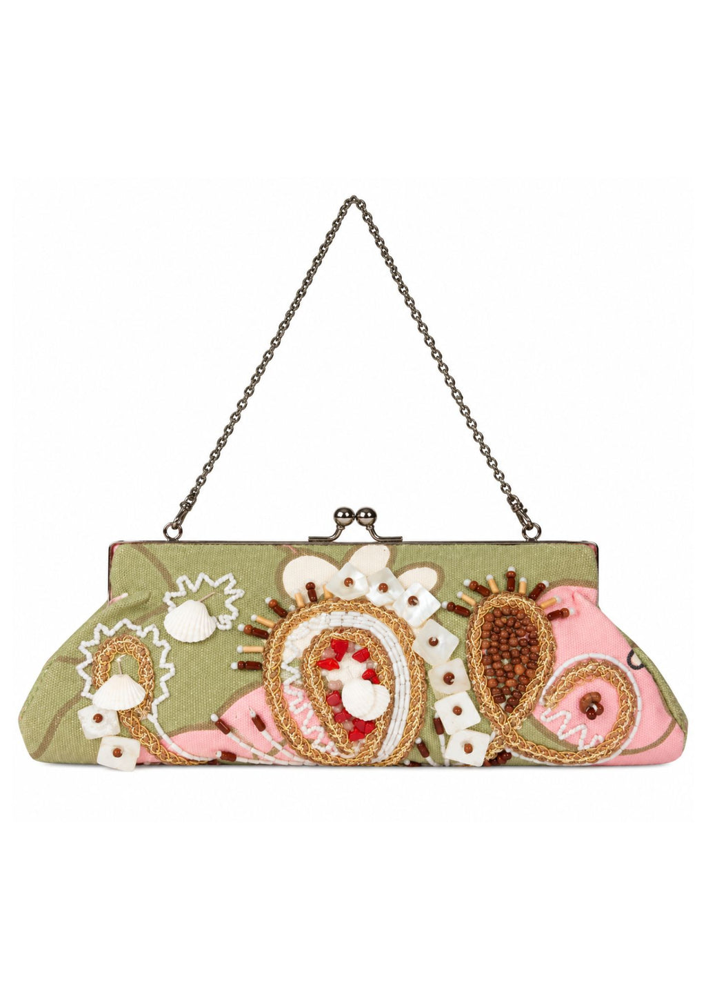 Bolsa vintage castanha estilo saco com flores vermelhas bordadas