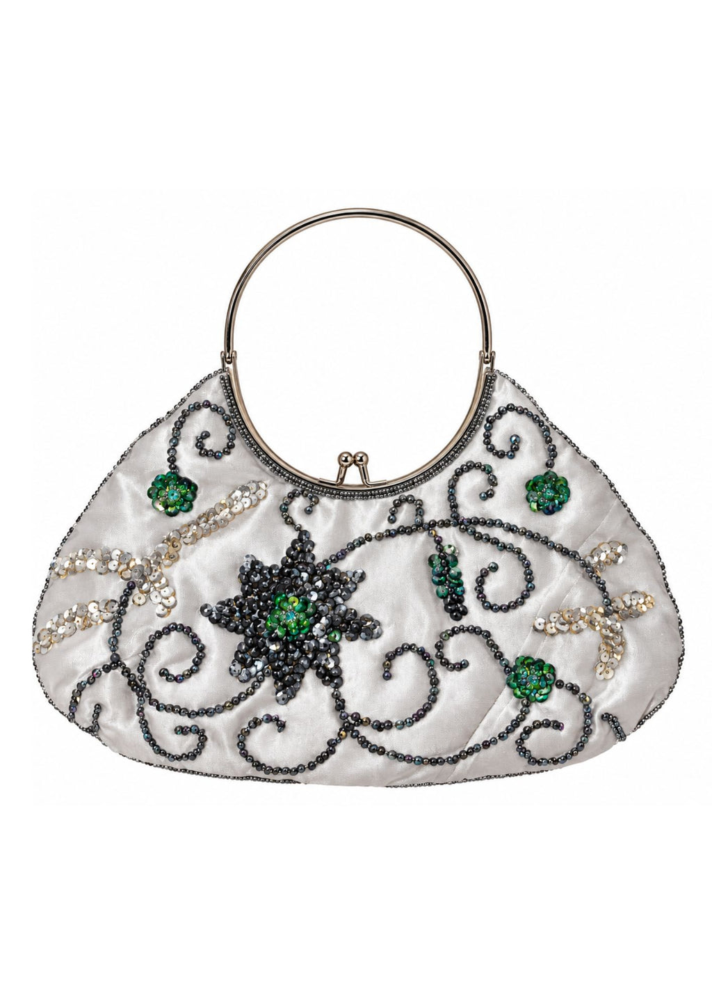 Bolso Vintage Plateado con Asa y Motivos Florales de cuentas