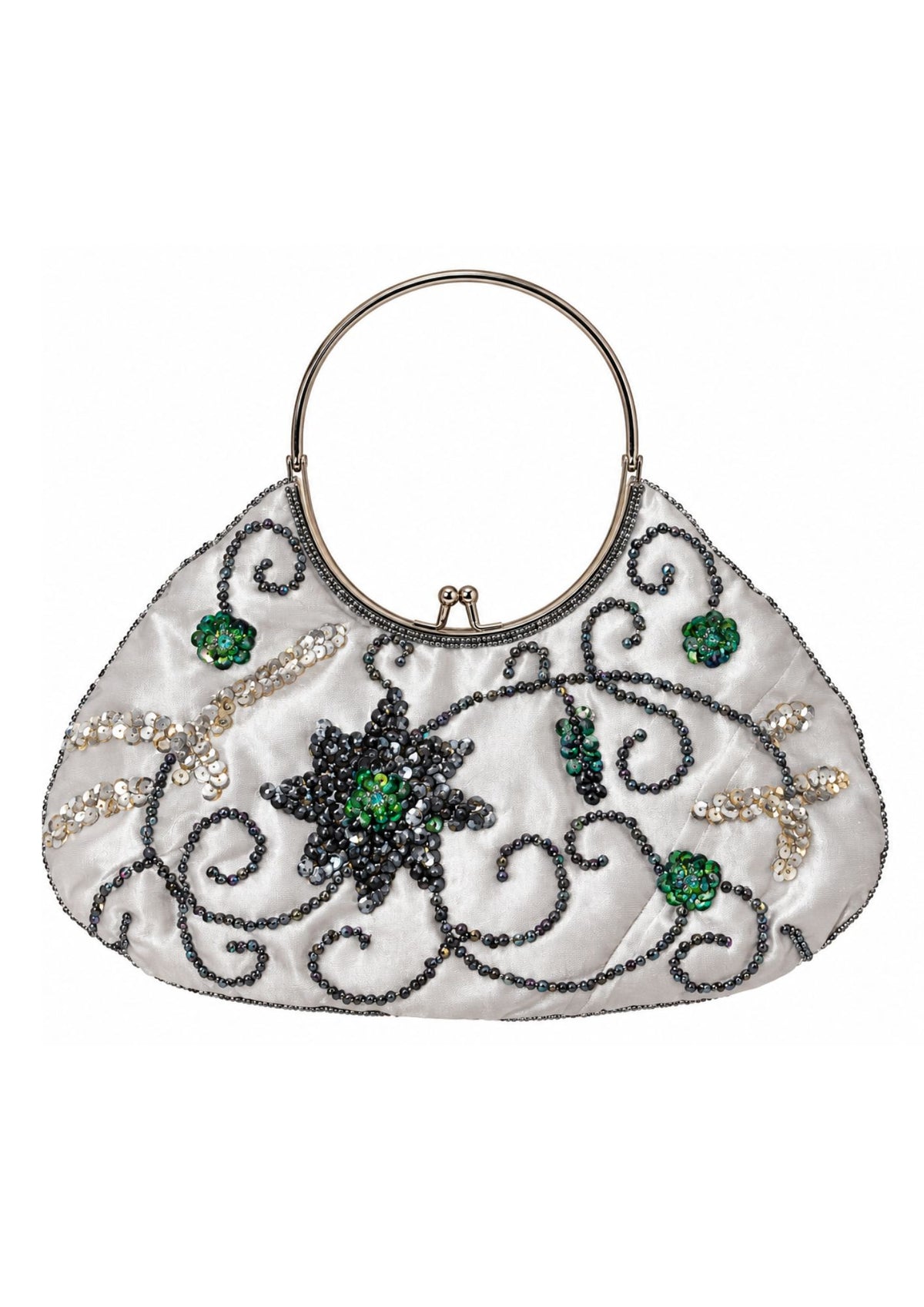 Bolso Vintage Plateado con Asa y Motivos Florales de cuentas