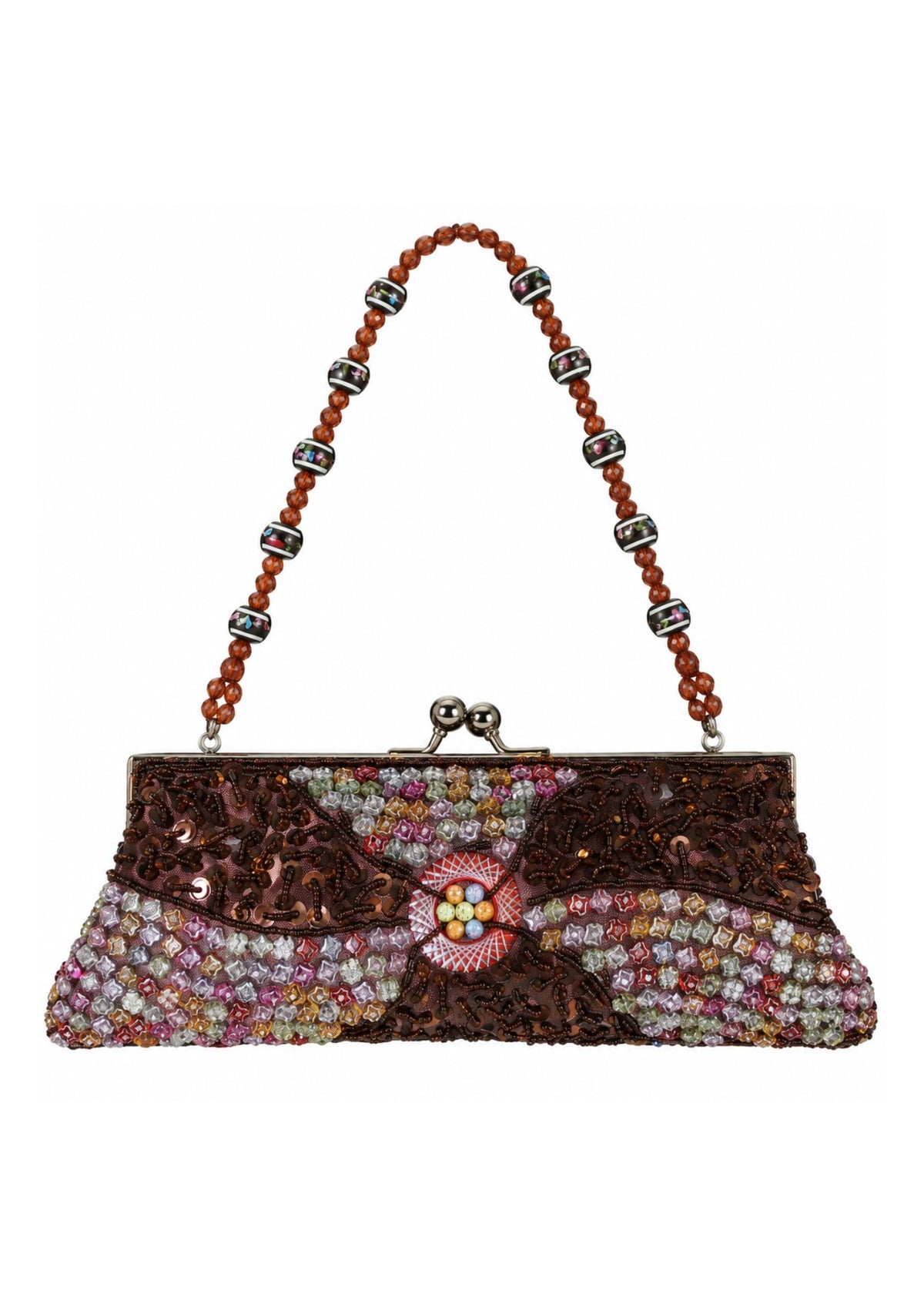 Bolsa vintage castanha estilo saco com flores vermelhas bordadas