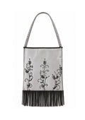 Bolsa vintage castanha estilo saco com flores vermelhas bordadas