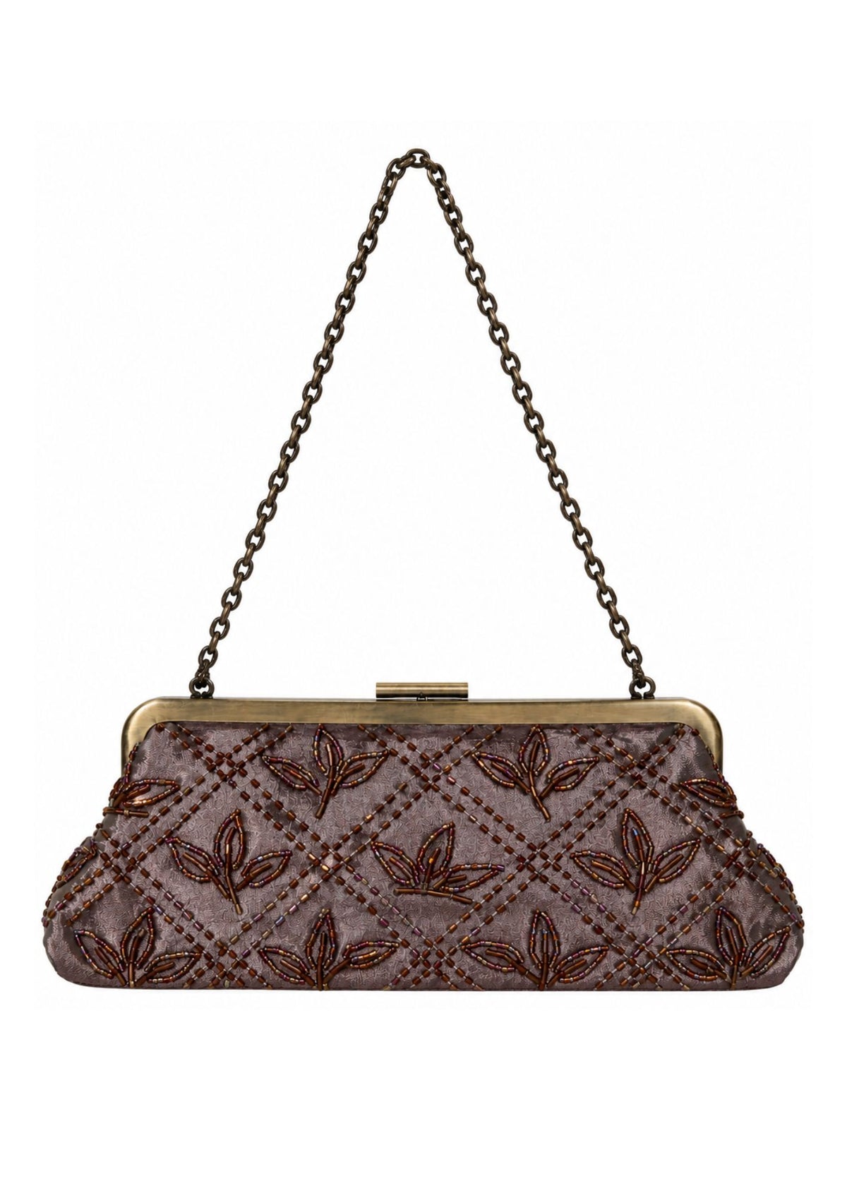 Bolsa vintage castanha estilo saco com flores vermelhas bordadas