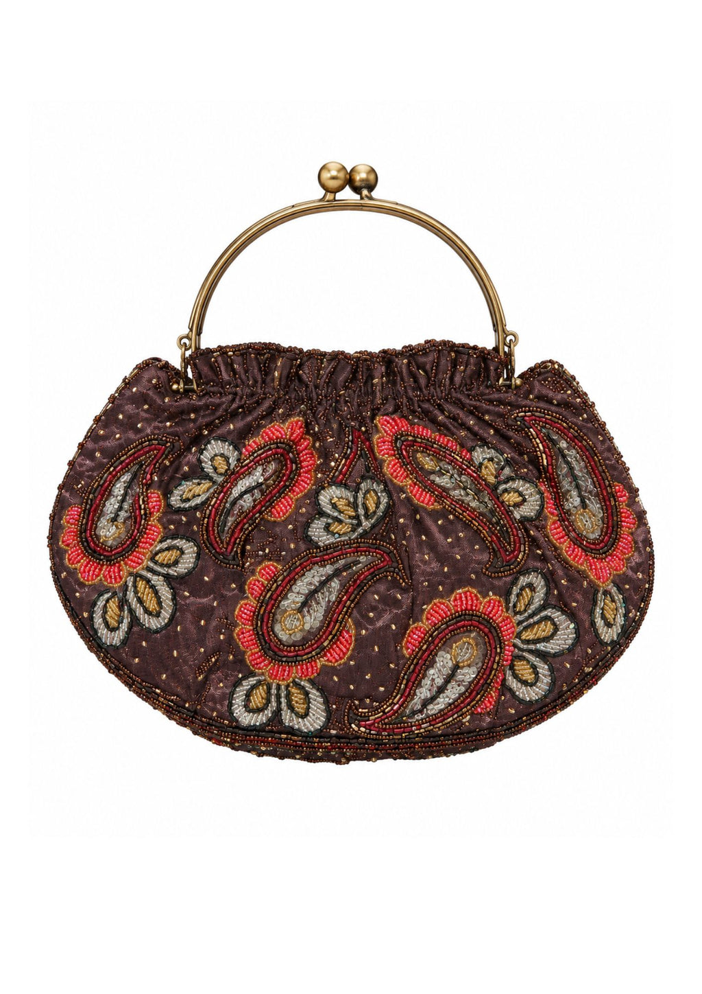 Bolsa vintage castanha estilo saco com flores vermelhas bordadas