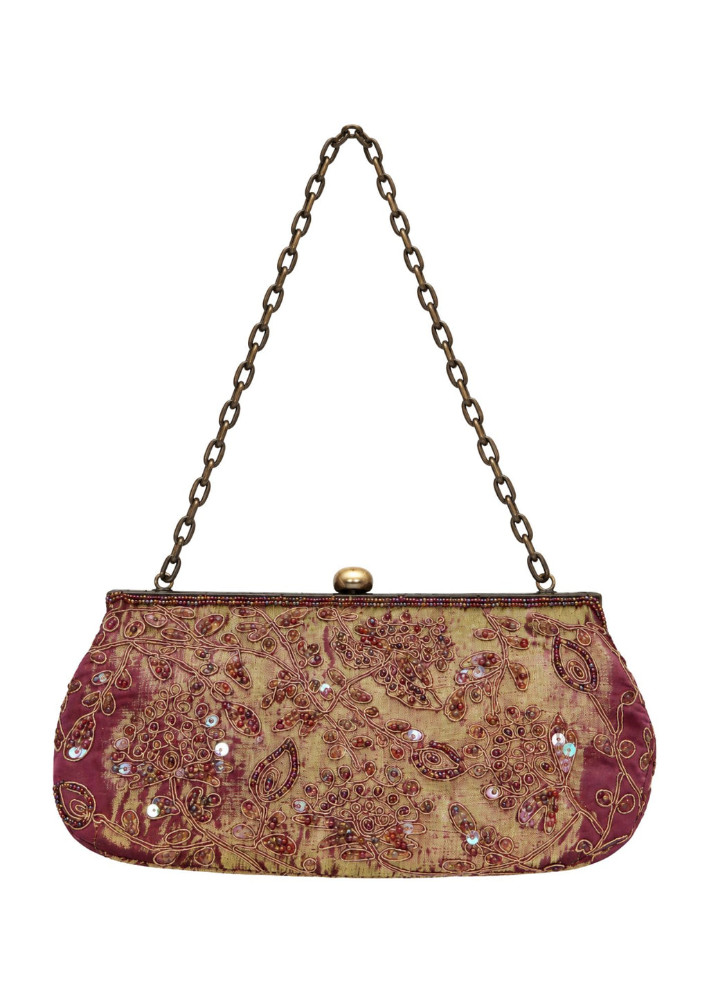 Bolso Vintage con Cadena marrón Tornasolado con tonos rojizos y relieve de Flores