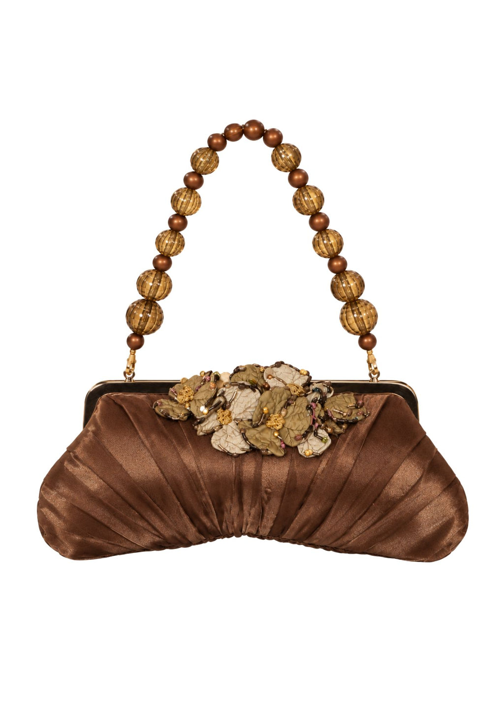 Bolso Vintage Marrón Plisado con Flores en Verde y Cadena de Cuentas