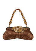 Bolso Vintage Marrón Plisado con Flores en Verde y Cadena de Cuentas