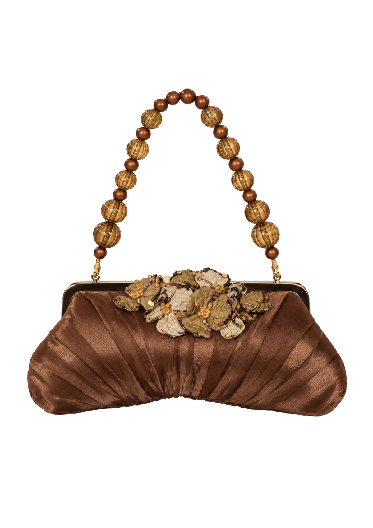 Bolso Vintage Marrón Plisado con Flores en Verde y Cadena de Cuentas