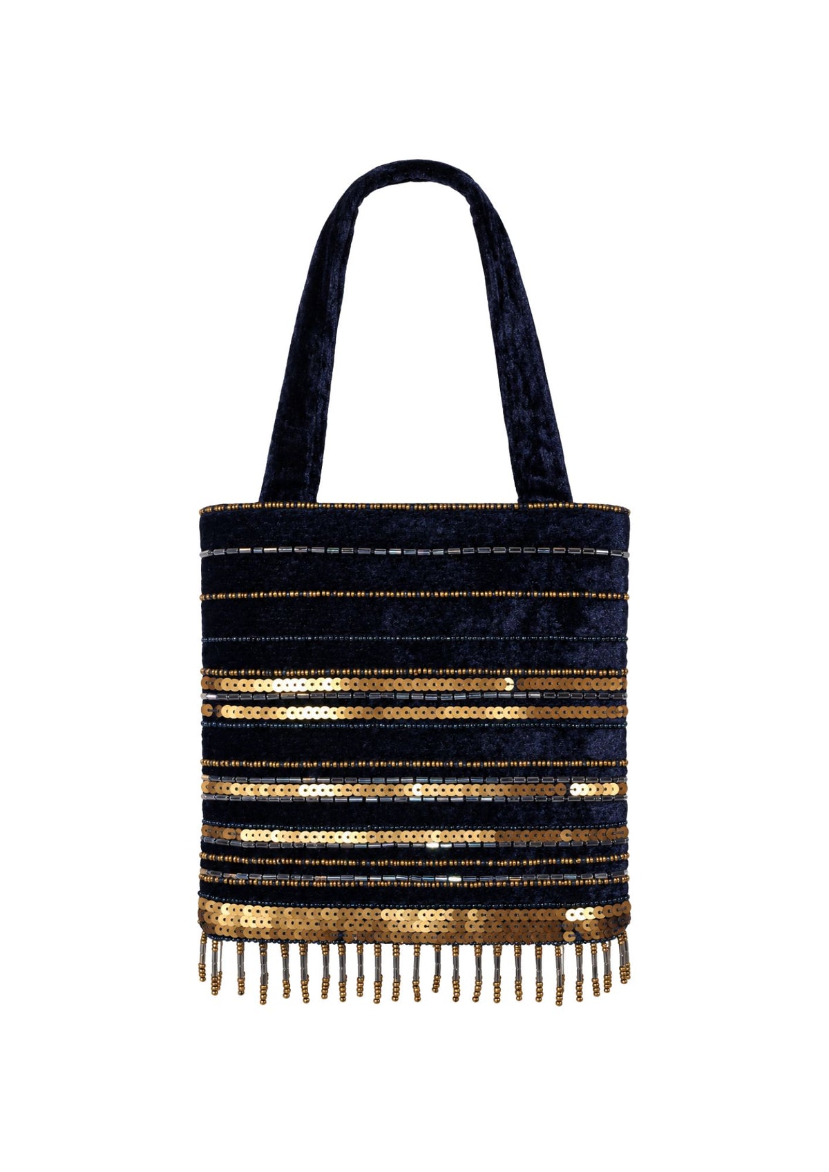 Bolso Vintage Negro Tipo Saquito con flecos y líneas de lentejuelas y abalorios Dorados