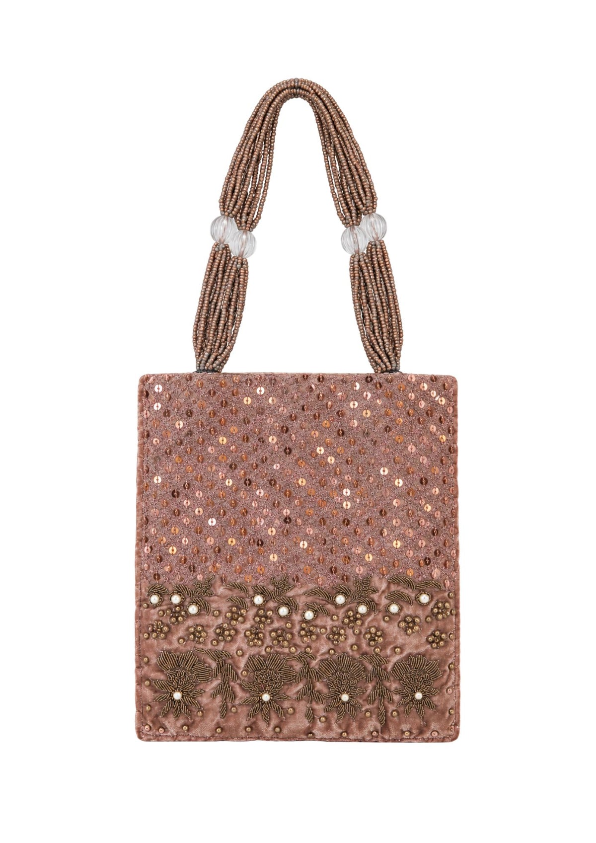Bolso Vintage Tipo Saquito Rosa Malva con Lentejuelas y Flores y cadena de cuentas