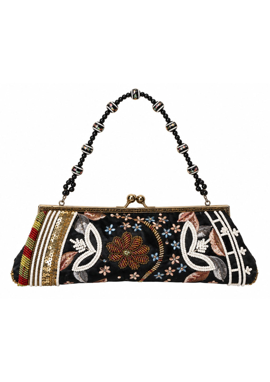 Bolso Vintage con asa de Cuentas y Estampados Florales Negro