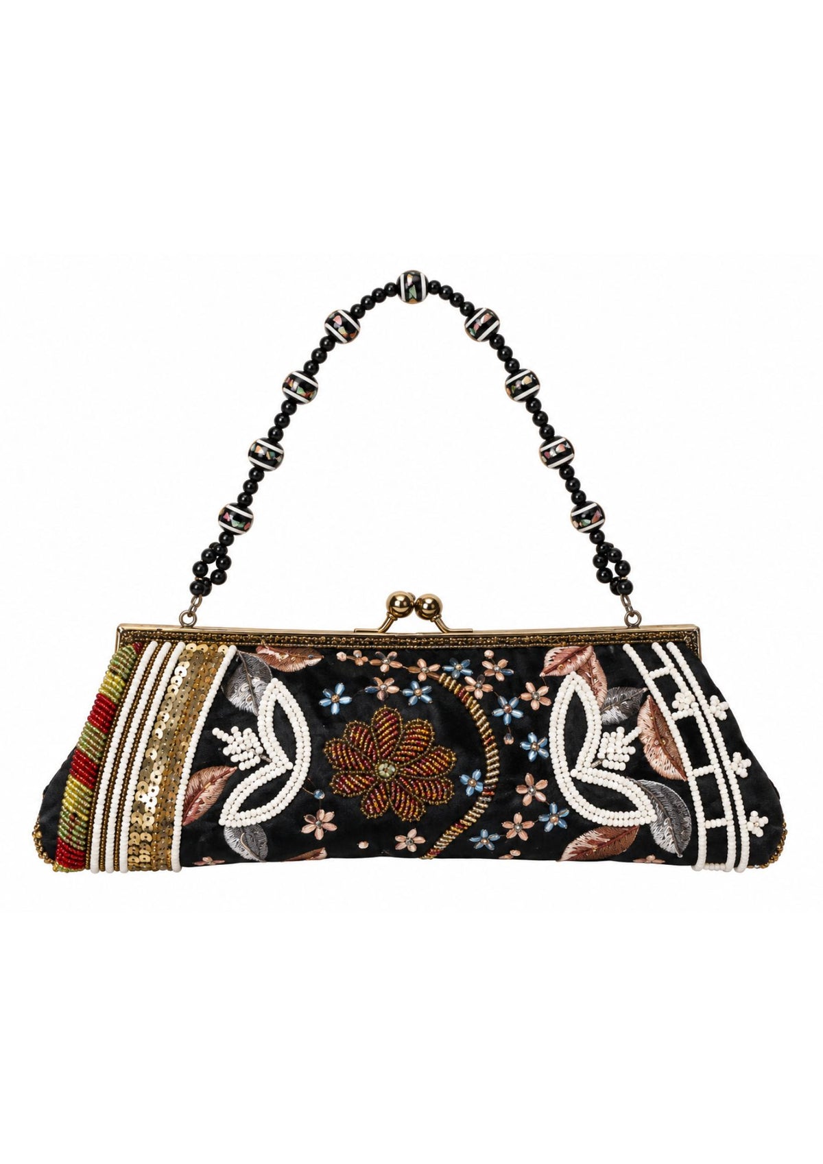 Bolso Vintage con asa de Cuentas y Estampados Florales Negro