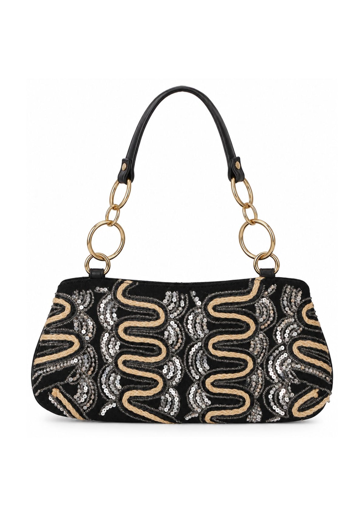 Bolso Vintage Negro con Asa y detalles en Beige y Plata