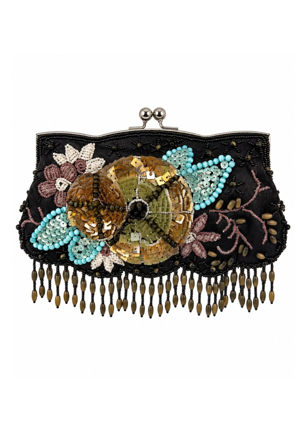 Bolso Vintage Tipo Clutch con Cadena Motivos Florales y Flecos de Abalorios