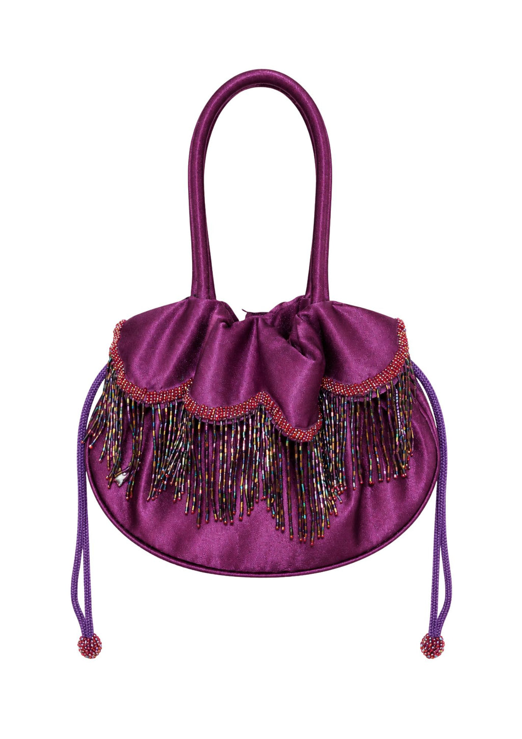 Bolso Vintage tipo Bombonera morada Satinada Flecos